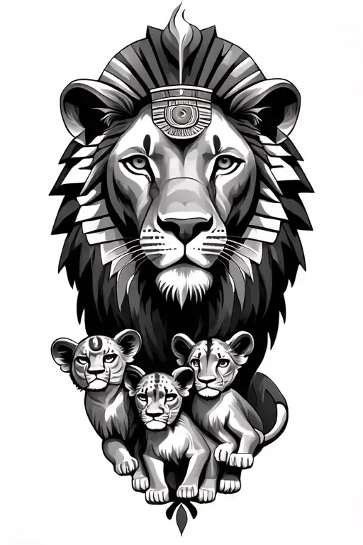 Lion With Cubs And The Eye Or Ra Egyptian God