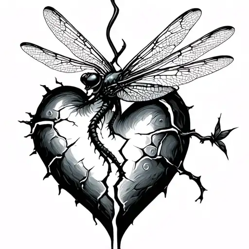 Broken Line Leading Into A Heart That Turns Solid With Dragonfly Coming Out The End