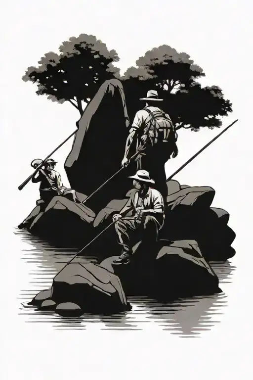 Father And Son Fishing Off A Big Rock On The River