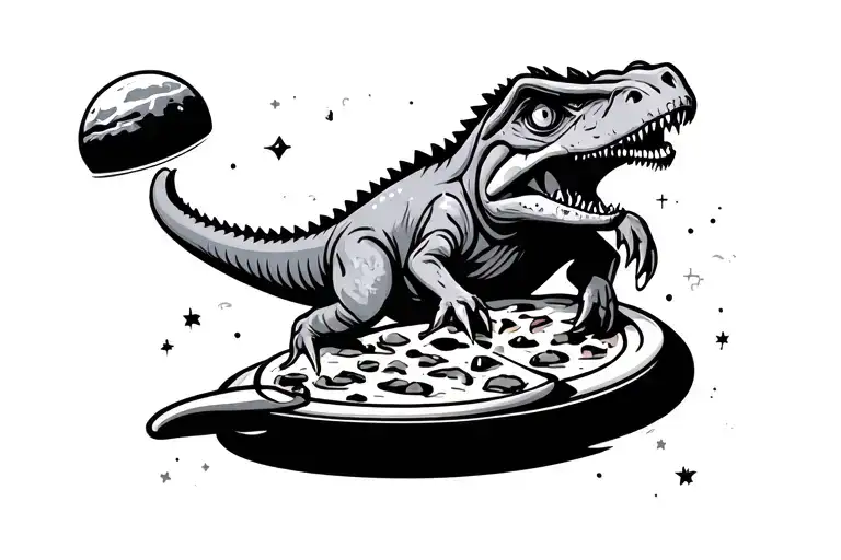 Dinasour Eating Pizza In Outer Space Themed