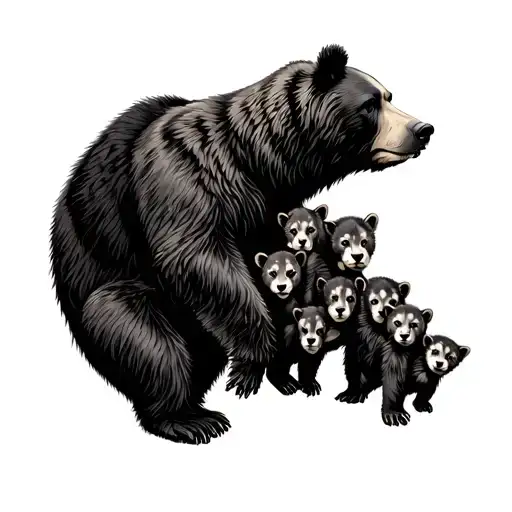 Mother Bear Protecting Six Cubs