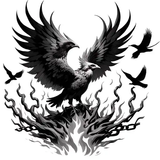 Phoenix Rising From The Ashes Chains And Fire With Six Birds Flying Free