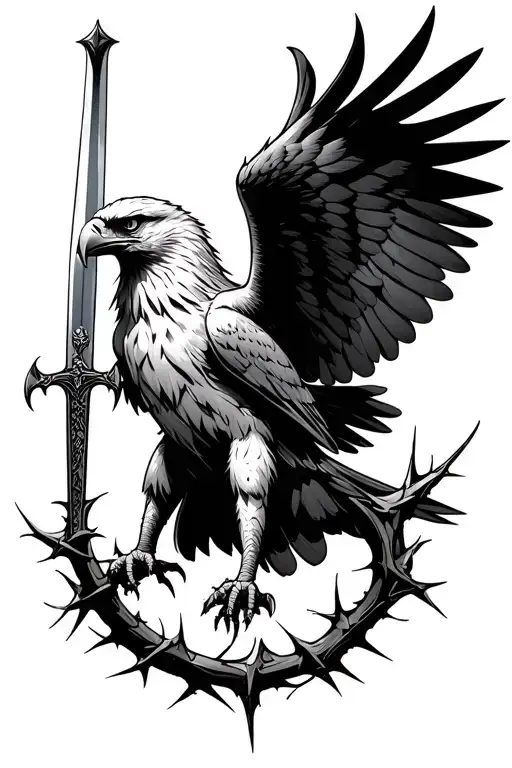 Eagle With Wings Spread Wide Facing Towards You Talons Holding A Sword That's Blade Turns To Thorns