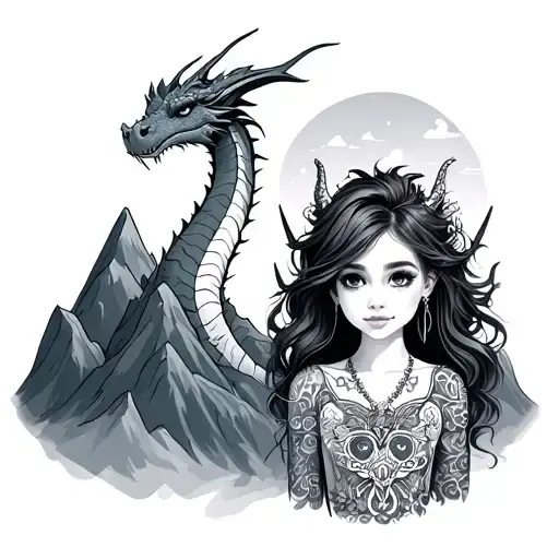 Two Dragons And A Moutain Range Outline Cute Girl