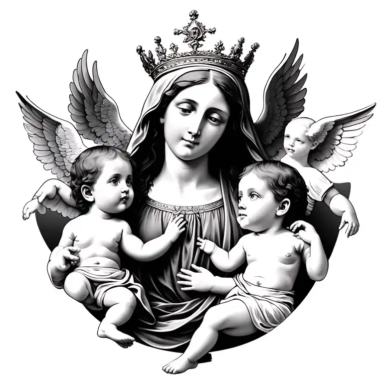 Virgin Mary With Baby Angels Putting Crown On Her Head
