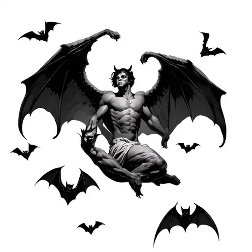 Thanders Some Bats Flying And One Human Falls With One Angel Wing And One Devils Wing