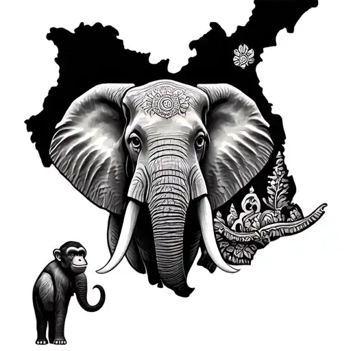 Outline Of Thailand Map With An Elephant And Monkey Inside