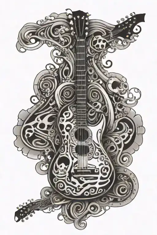 A Guitar Made Out Of Bones With Musical Notes Floating Around It