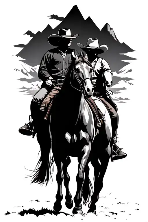 2 Cowboys Riding Horses Side Profile Mountain Background