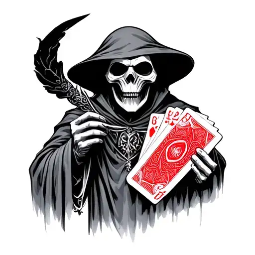 Tall Detailed Grim Reaper Holding Deck Of Colored Cards