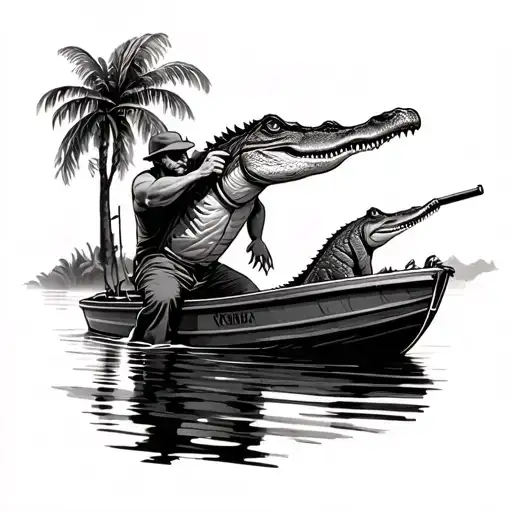 Man Shooting Crocodiles That Are In The Water From A Boat