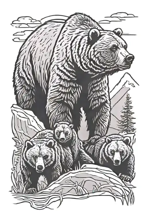 Mama Grizzly Bear With 2 Cubs Protecting Her Cubs