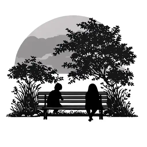 Beautiful Garden With Bench Two Silhouette Sitting