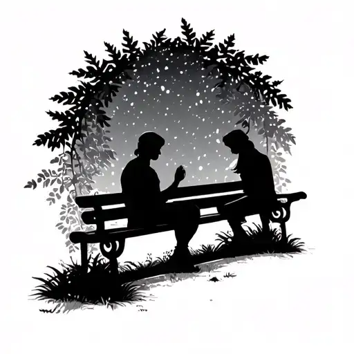 Beautiful Garden With Bench Two Silhouette Sitting