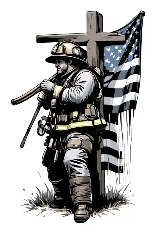 Firefighter Looking At Cross With American Flag