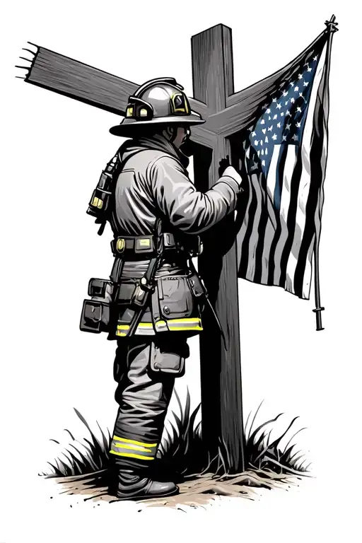 Firefighter Looking At Cross With American Flag