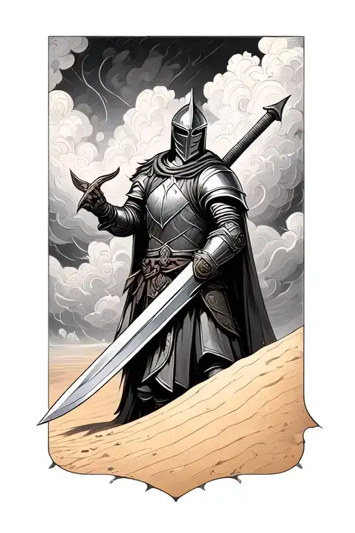 Knight Holding Sword In Sand Storm Clouds