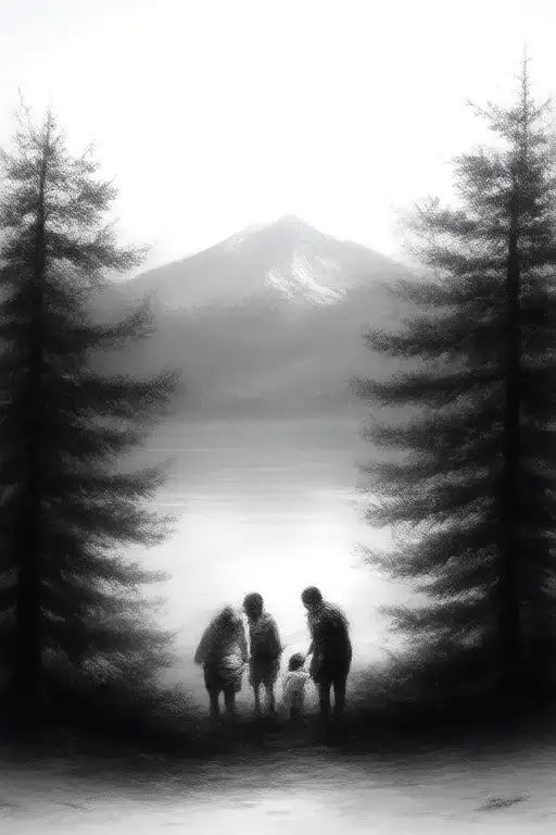 Family Off 5 Silluette By Lake With Pine Trees And Mountain In Background