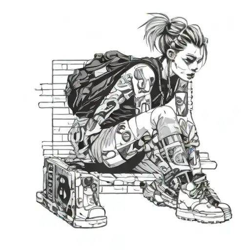 Punk Girl Looking Away On City Sidewalk With Old Player In Hand