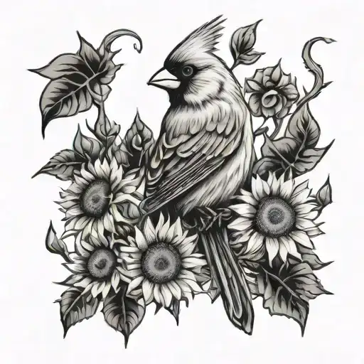 Cardinal Surrounded By Sunflowers