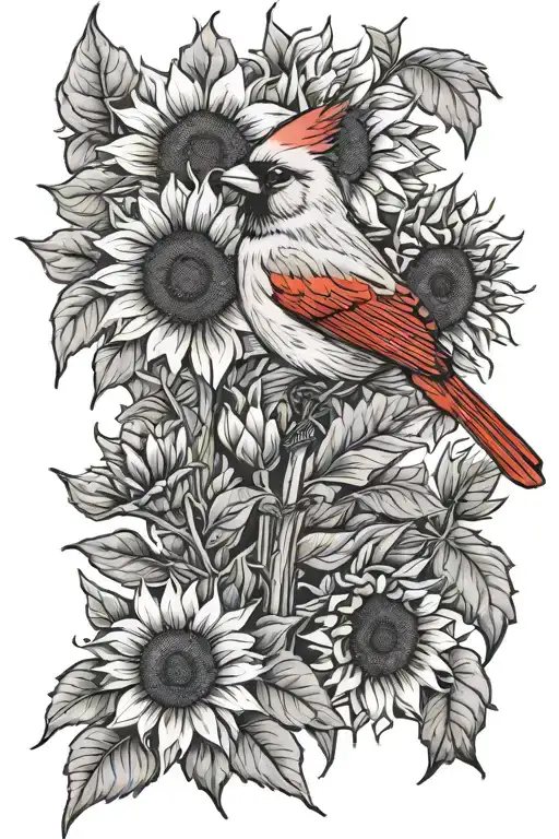Cardinal Surrounded By Sunflowers