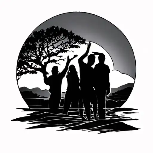 Sleve No Color Silhuet Of Three People Forearm With Sunset And Trees