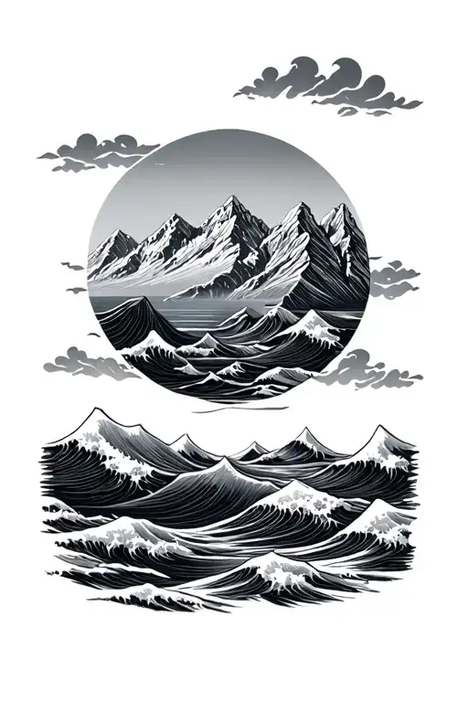Mountain Range With Waves And Sunset
