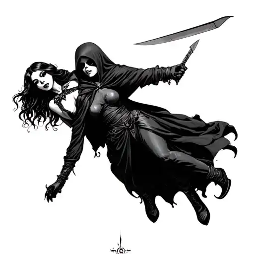Girl Grim Reaper Holding Another Girl By Knife Point