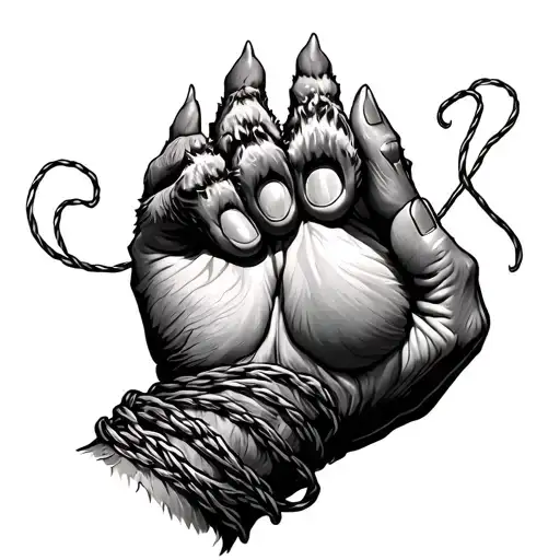 Paw And Human Hand With String