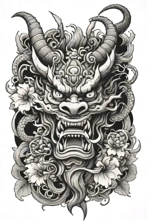 Japanese Oni Mask With Big Dragon And Smoke Forming The Shape With A Little Flowers
