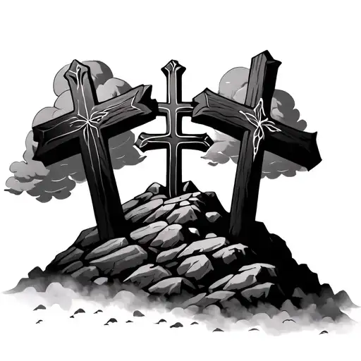 Three Crosses On A Rock Pile And Clouds