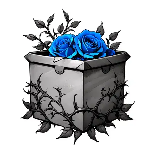 Box With Thorny Vines And Blue Roses Inside