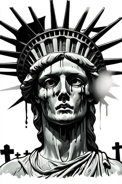 Statue Of Liberty Bleeding Eyes With Cemetery In Background Resembling Death