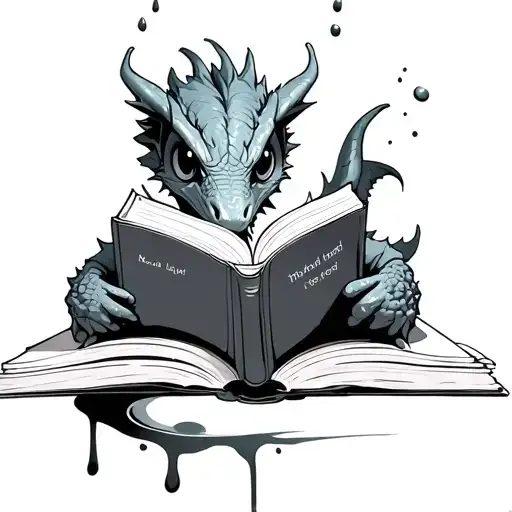 Big Eyed Dragon Reading A Book With Words And Ink Dripping Off The Pages