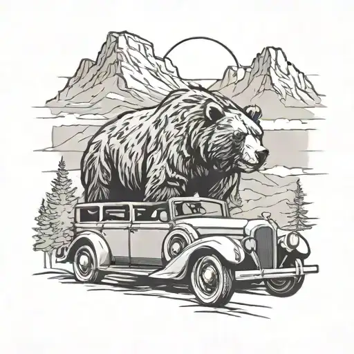 Family Of Grizzly Bears In A Classic Car Driving Through An American Landscape