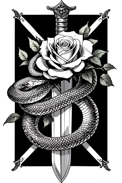Snake Intertwined With Rose Wrapped Around Sword