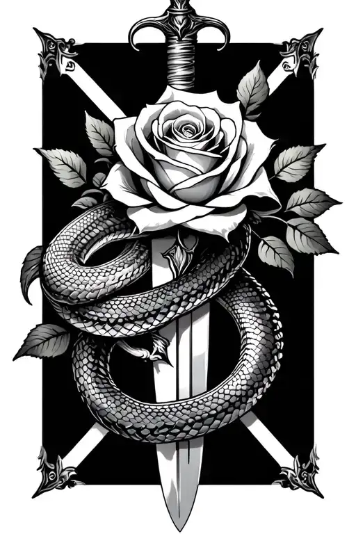 Snake Intertwined With Rose Wrapped Around Sword