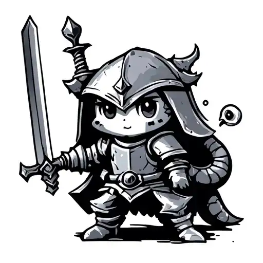 Little Cute Knight Holding Sword Stands Against Pixel Worm