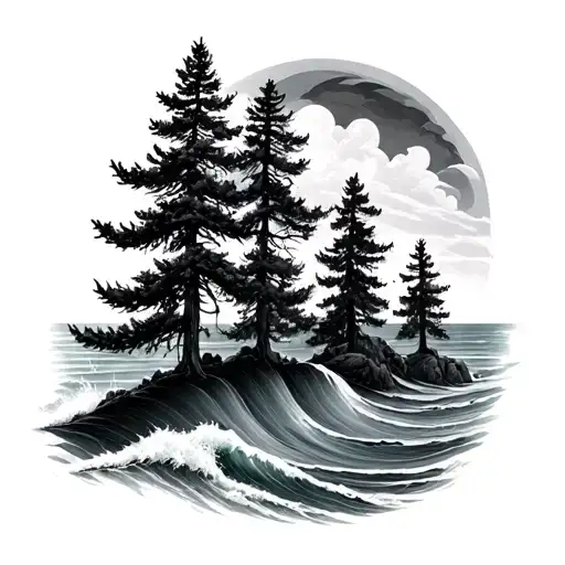 Pine Trees And Ocean Waves