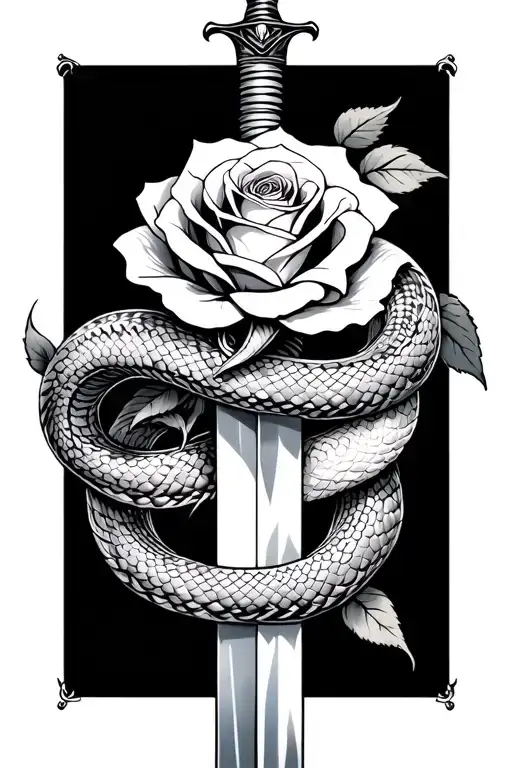 Snake Intertwined With Rose Wrapped Around Sword
