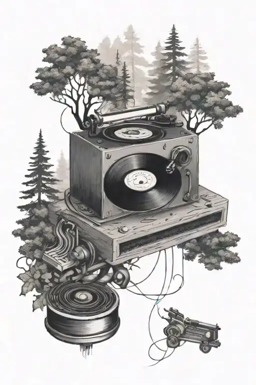 A Blackwork Tattoo Of A Record Player With A Trail Of Music Notes Leading Into A Forest