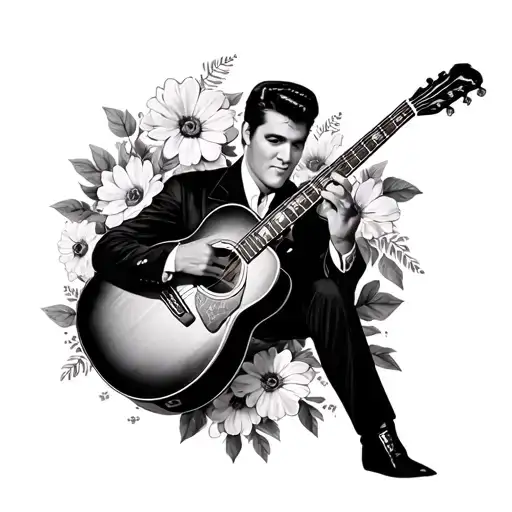 Old Chool Pinup From Elvis Holding A Guitar With Flowers Around Him