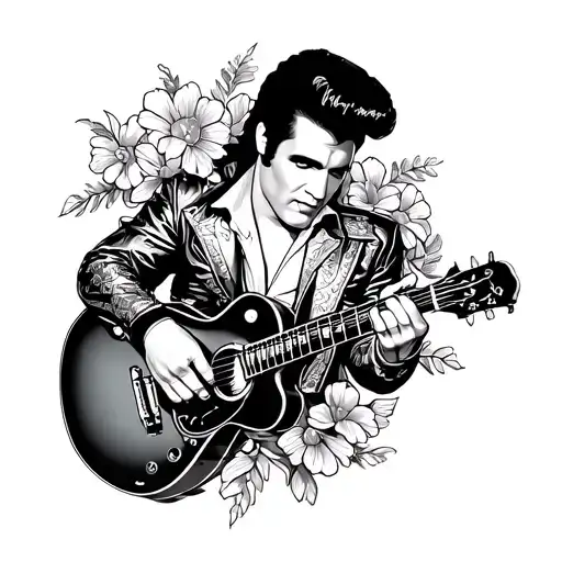 Cartoon Style Elvis With Flowers Around Him Holding A Guitar Oldschool Traditionel Style