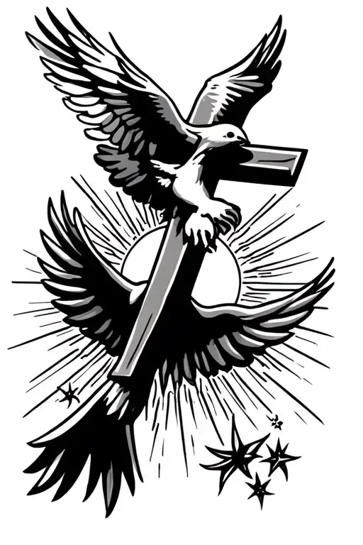 Cross Tattoo With Doves Flying With Sun In The Background