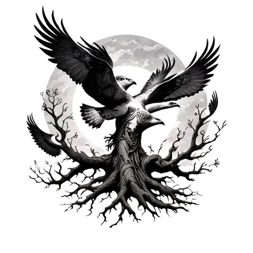 Goddess Tree With Hawks Flying Around
