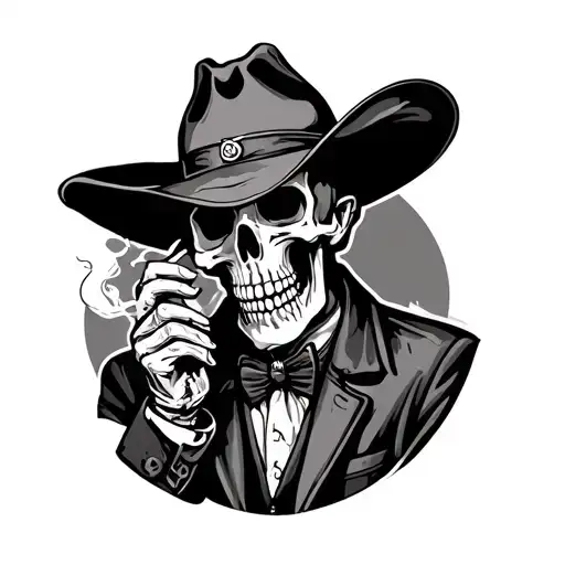 Skeleton Cowboy Smoking At Bar