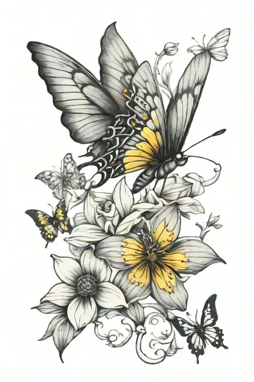Small Dainty Floral Spine Tattoo With Small Yellow Butterfly