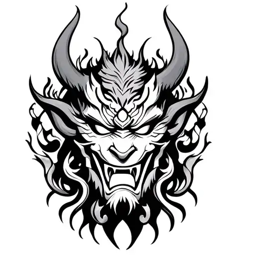Oni Mask Surrounded By Design Incorporating Elements