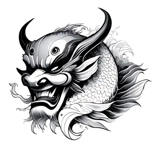 Japanese Style Oni Mask With Koi Fish And Waves