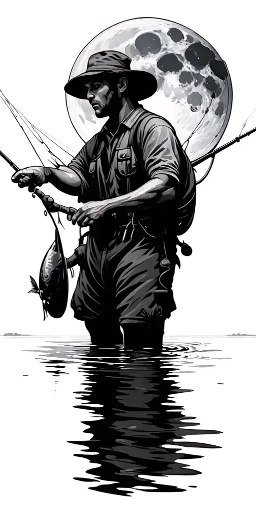 Fishing Scene Moon Shining